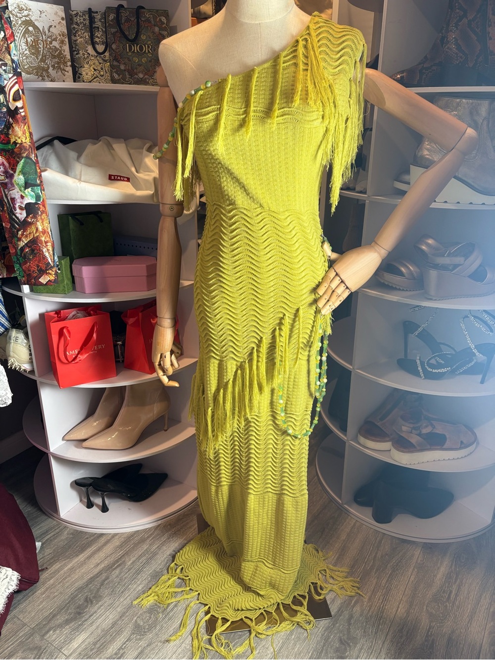 Yllw Frida beaded asymmetrical neck fringe trim slit maxi dress chartreuse XS - Picture 4 of 8
